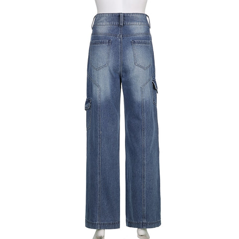 Jeans Streetwear High Waist Jeans Wide Leg Pockets Patchwork Baggy Cargo