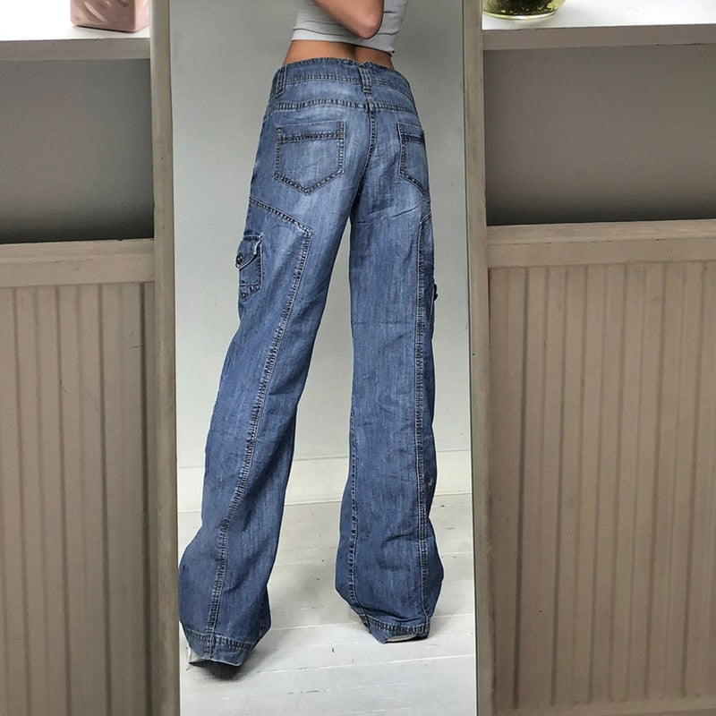 Jeans Streetwear High Waist Jeans Wide Leg Pockets Patchwork Baggy Cargo