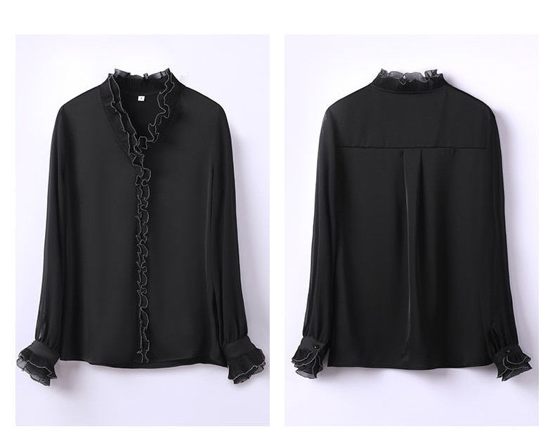 Ruffles Chiffon Shirts Women's Clothing Office Lady Long Sleeve