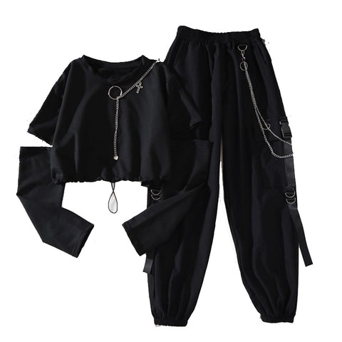 Women Harajuku Cargo Pants Fashion Casual Two-piece Suit Chain Long Sleeve+Ribbon Pants