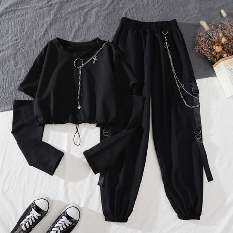 Women Harajuku Cargo Pants Fashion Casual Two-piece Suit Chain Long Sleeve+Ribbon Pants