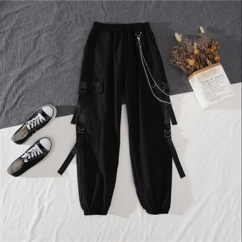 Women Harajuku Cargo Pants Fashion Casual Two-piece Suit Chain Long Sleeve+Ribbon Pants