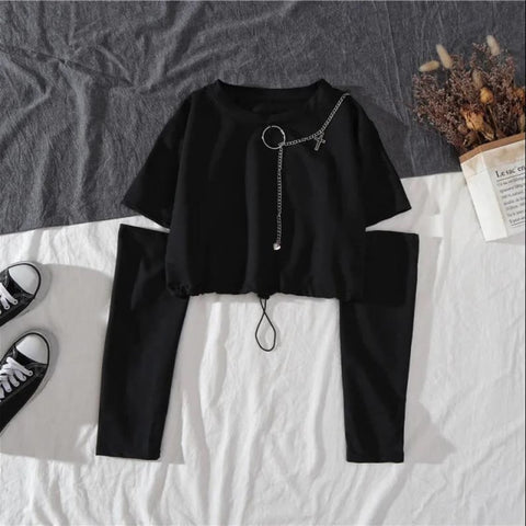 Women Harajuku Cargo Pants Fashion Casual Two-piece Suit Chain Long Sleeve+Ribbon Pants