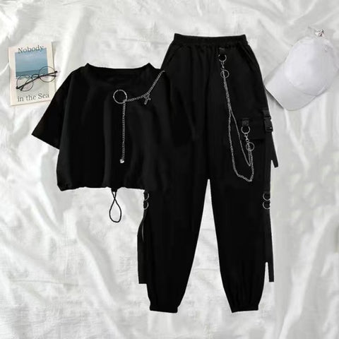 Women Harajuku Cargo Pants Fashion Casual Two-piece Suit Chain Long Sleeve+Ribbon Pants