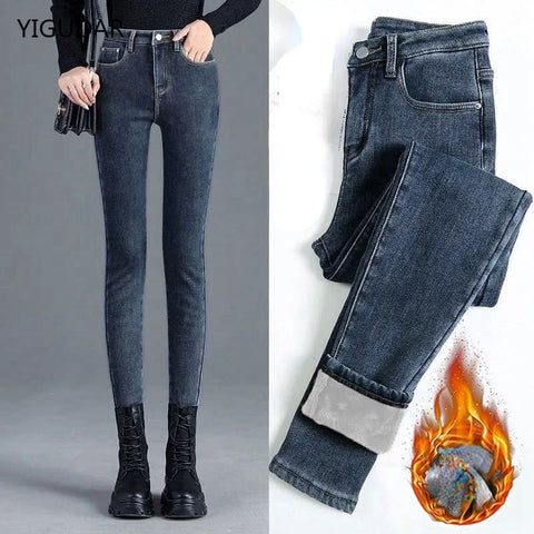 Winter Thick Velvet Women jeans High Waist Skinny Jeans Simple Fleece