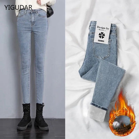 Winter Thick Velvet Women jeans High Waist Skinny Jeans Simple Fleece