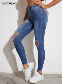 Women Ripped High Waist Rise Frayed Hem Denim Stretchy Skinny Jeans