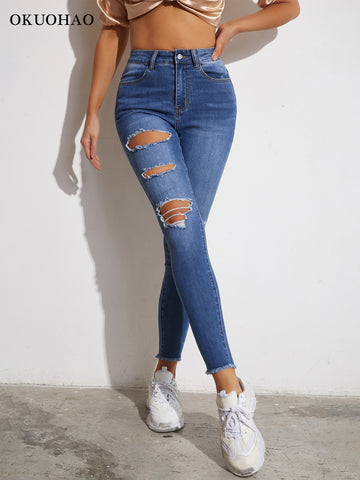 Women Ripped High Waist Rise Frayed Hem Denim Stretchy Skinny Jeans