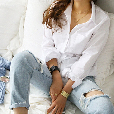 Long Sleeve Ladies Tops Blouses Plus Size Button Casual Cotton White Shirt