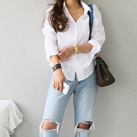 Long Sleeve Ladies Tops Blouses Plus Size Button Casual Cotton White Shirt