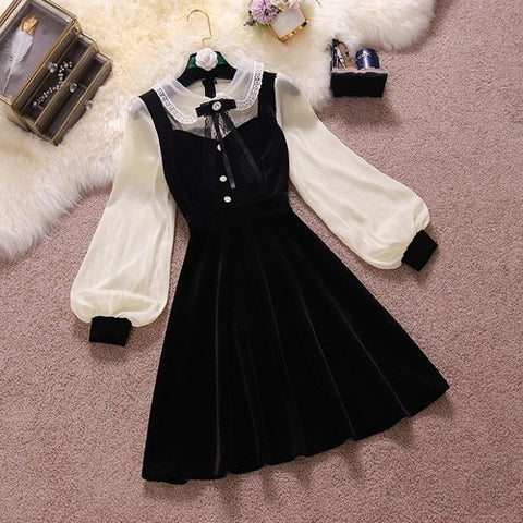 Vintage Velvet Black Dress Stand Neck Lantern Sleeve Party Robe High Waist