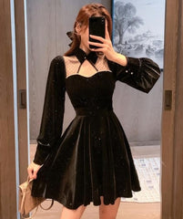 Vintage Velvet Black Dress Stand Neck Lantern Sleeve Party Robe High Waist