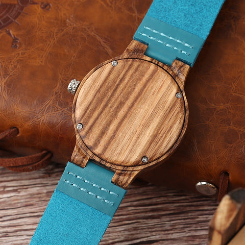 Royal Blue Wood Watch Quartz Wristwatch Natural Bamboo Clock Fashion Leather