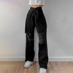 Distressed Denim Pants Ripped Straight Jeans Tassel Cargo Trousers