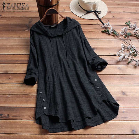 Blouse Plaid Checked Hoodies Long Sleeve Shirt Casual Cotton Tunic Tops