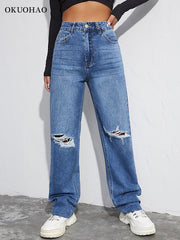 Women Ripped Boyfriends Jeans High Waist Baggy Denim Pants Wide Leg