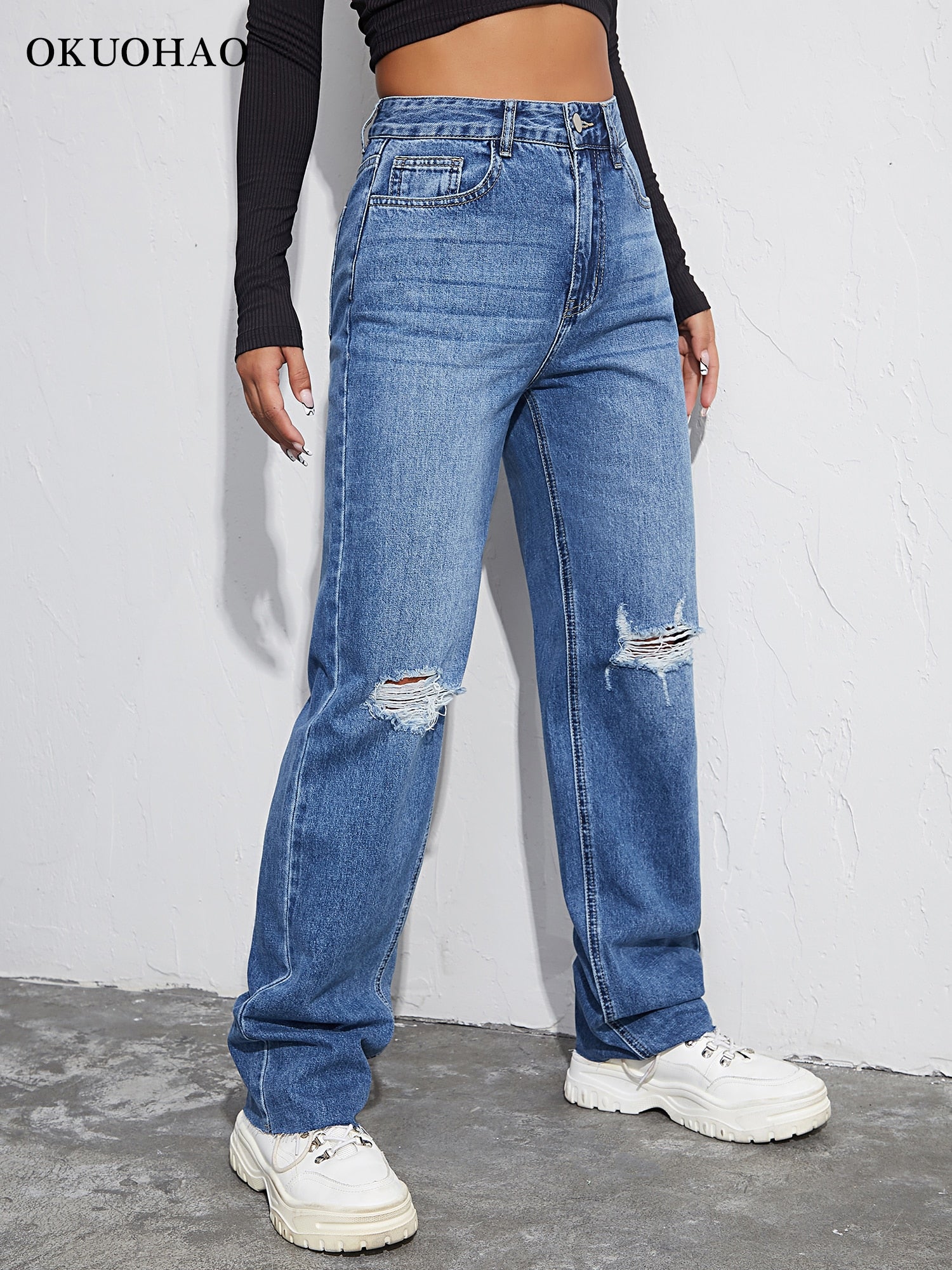 Women Ripped Boyfriends Jeans High Waist Baggy Denim Pants Wide Leg