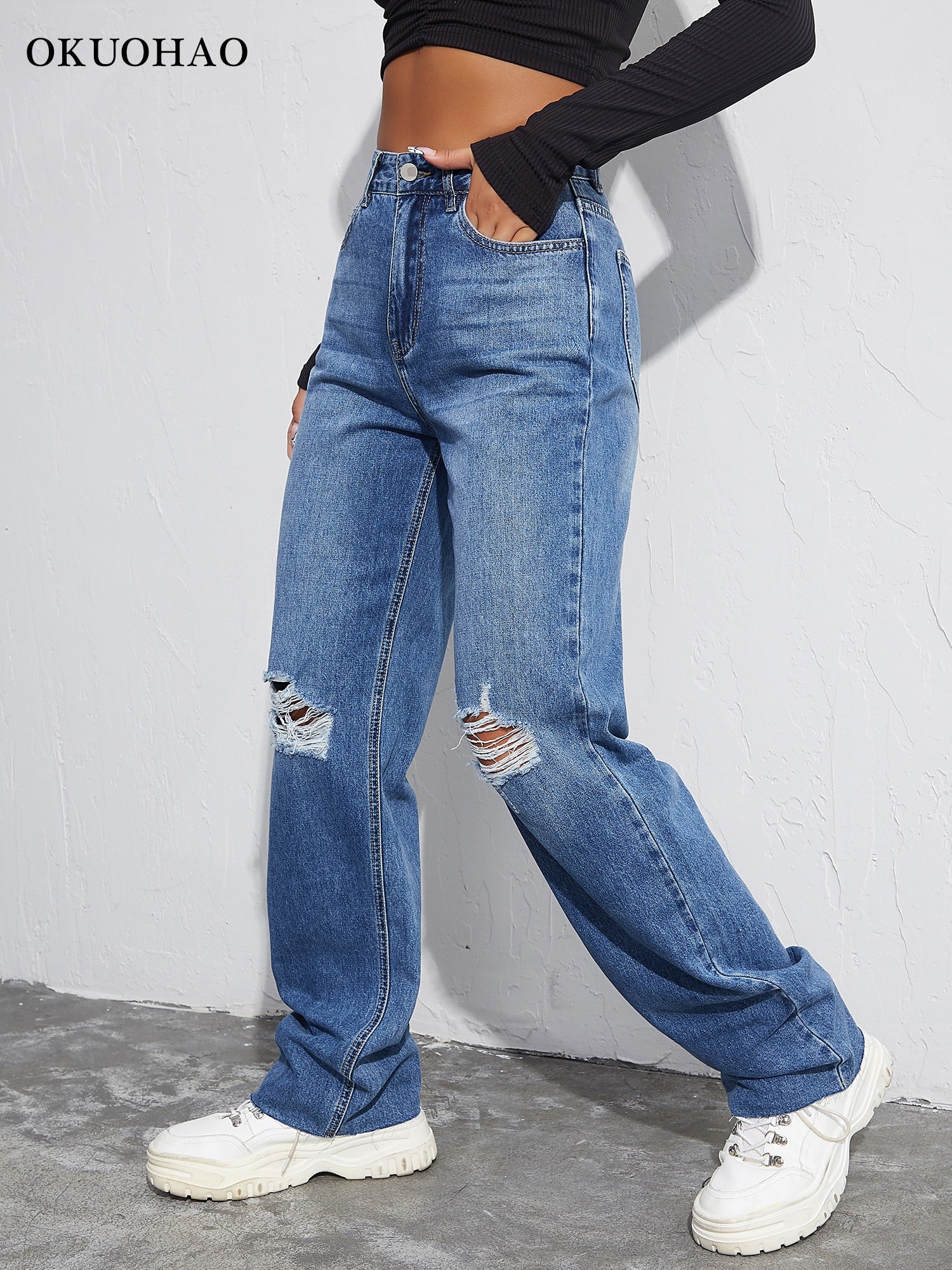 Women Ripped Boyfriends Jeans High Waist Baggy Denim Pants Wide Leg