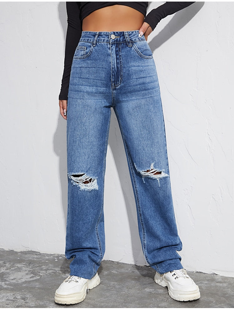 Women Ripped Boyfriends Jeans High Waist Baggy Denim Pants Wide Leg