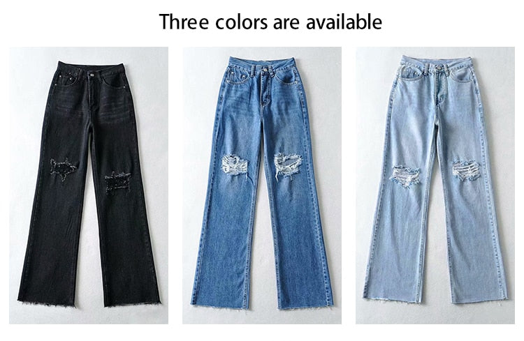 Women Ripped Boyfriends Jeans High Waist Baggy Denim Pants Wide Leg