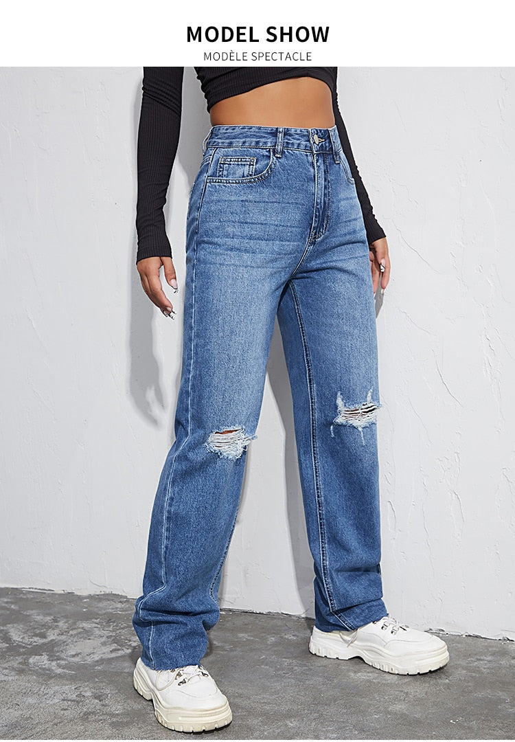 Women Ripped Boyfriends Jeans High Waist Baggy Denim Pants Wide Leg