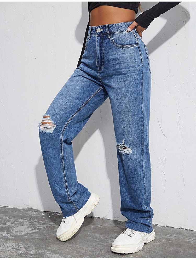 Women Ripped Boyfriends Jeans High Waist Baggy Denim Pants Wide Leg