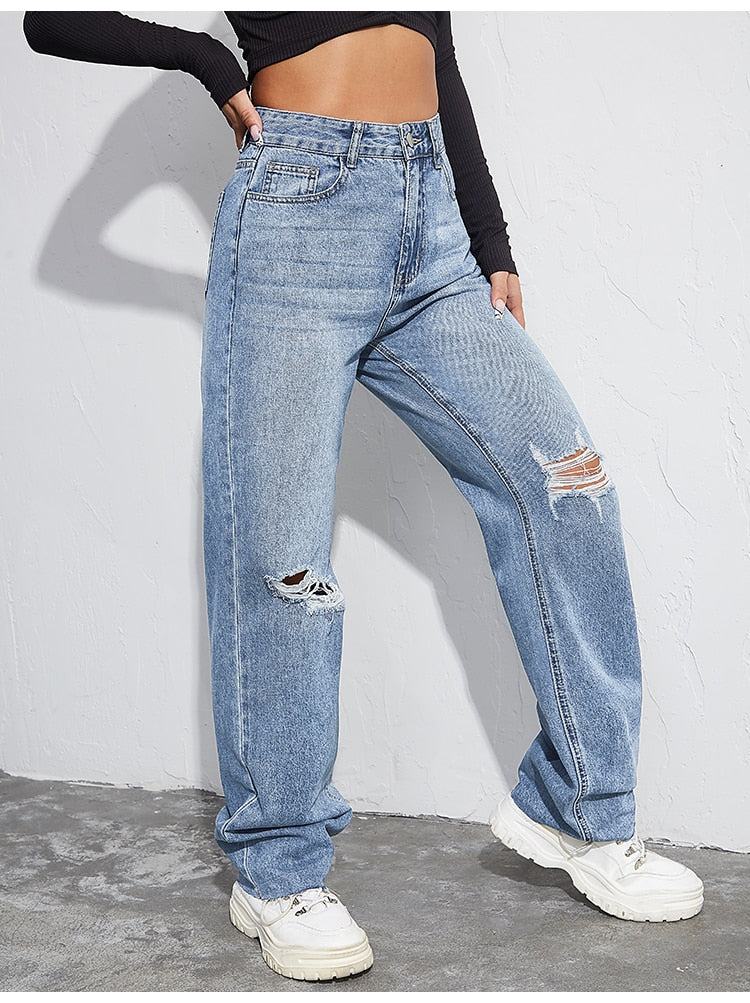 Women Ripped Boyfriends Jeans High Waist Baggy Denim Pants Wide Leg