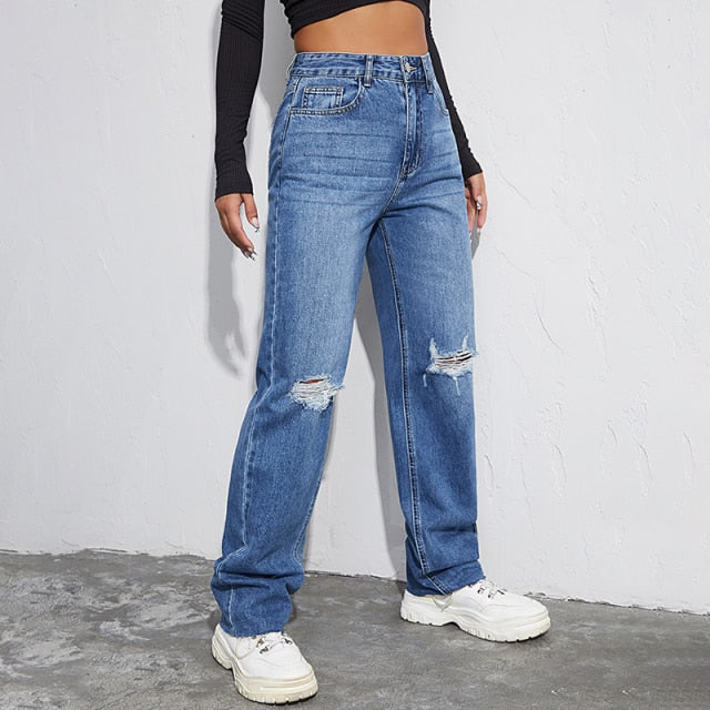 Women Ripped Boyfriends Jeans High Waist Baggy Denim Pants Wide Leg