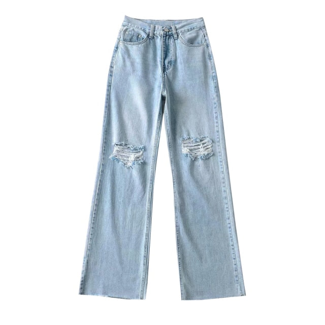 Women Ripped Boyfriends Jeans High Waist Baggy Denim Pants Wide Leg