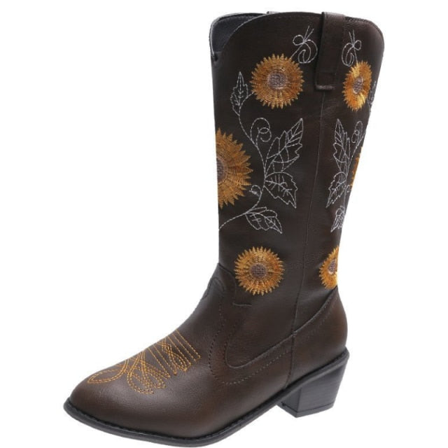 Retro Winter Women Boots Floral Embroidery Chunky Heels Mid-calf Boots