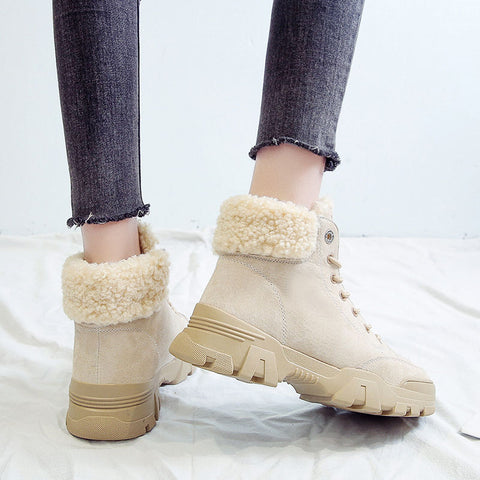 Women Snow Boots Beige Plush Warm Fur Causal Shoes Sneakers Ankle Booties