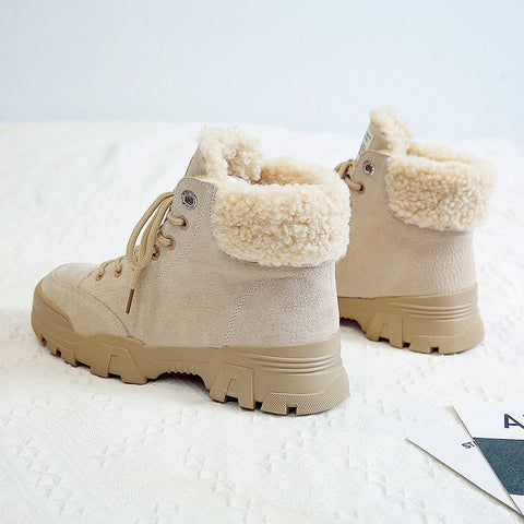 Women Snow Boots Beige Plush Warm Fur Causal Shoes Sneakers Ankle Booties