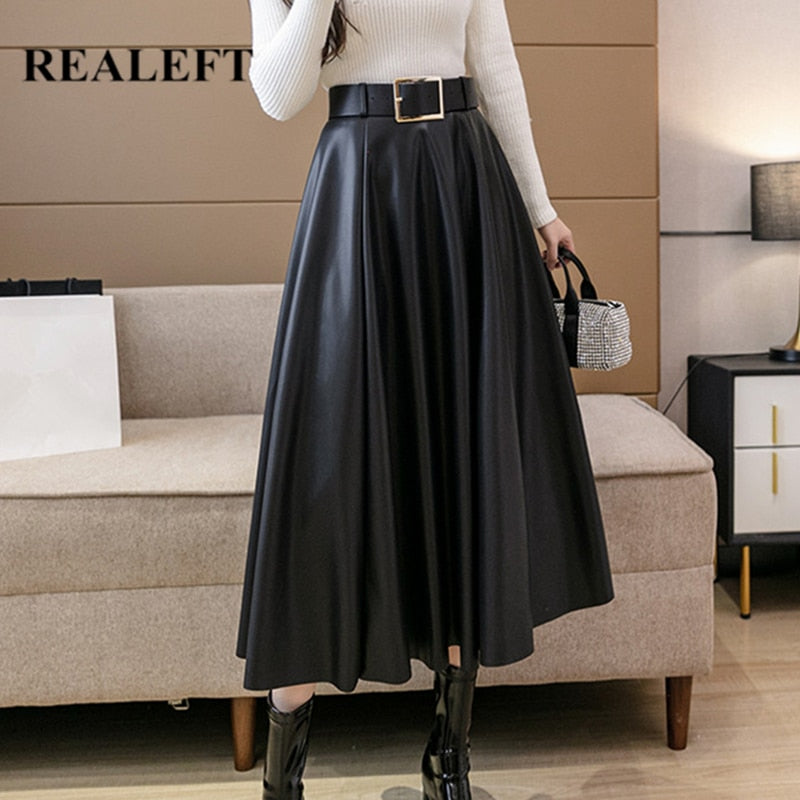PU Leather mi-long Women's Skirts with Belted High Waist A-line ...