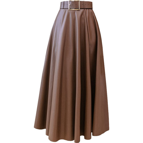 PU Leather mi-long Women's Skirts with Belted High Waist  A-line