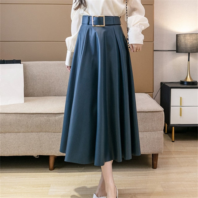 PU Leather mi-long Women's Skirts with Belted High Waist  A-line