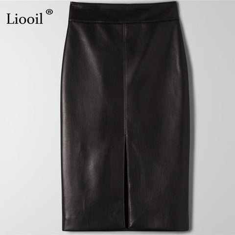 Faux Leather Slit Pencil Office Skirt Streetwear High Waist