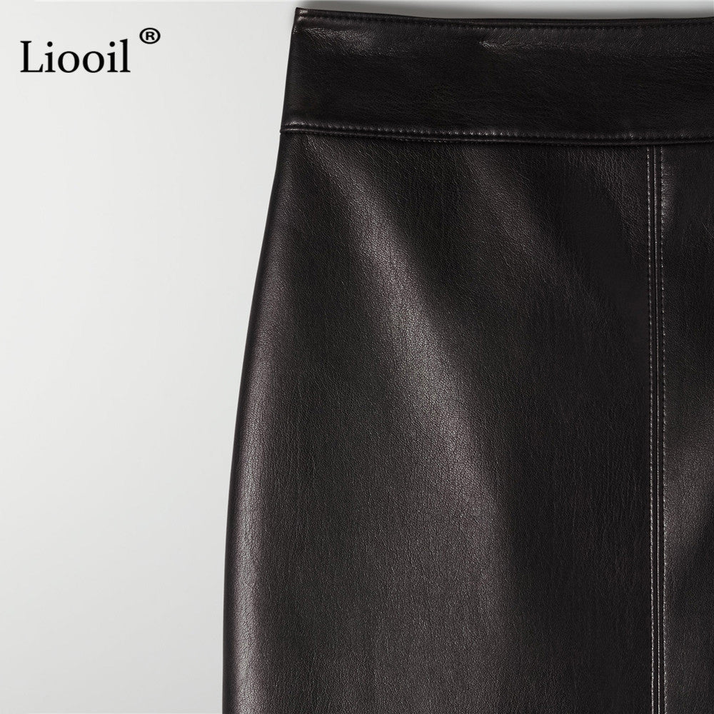 Faux Leather Slit Pencil Office Skirt Streetwear High Waist