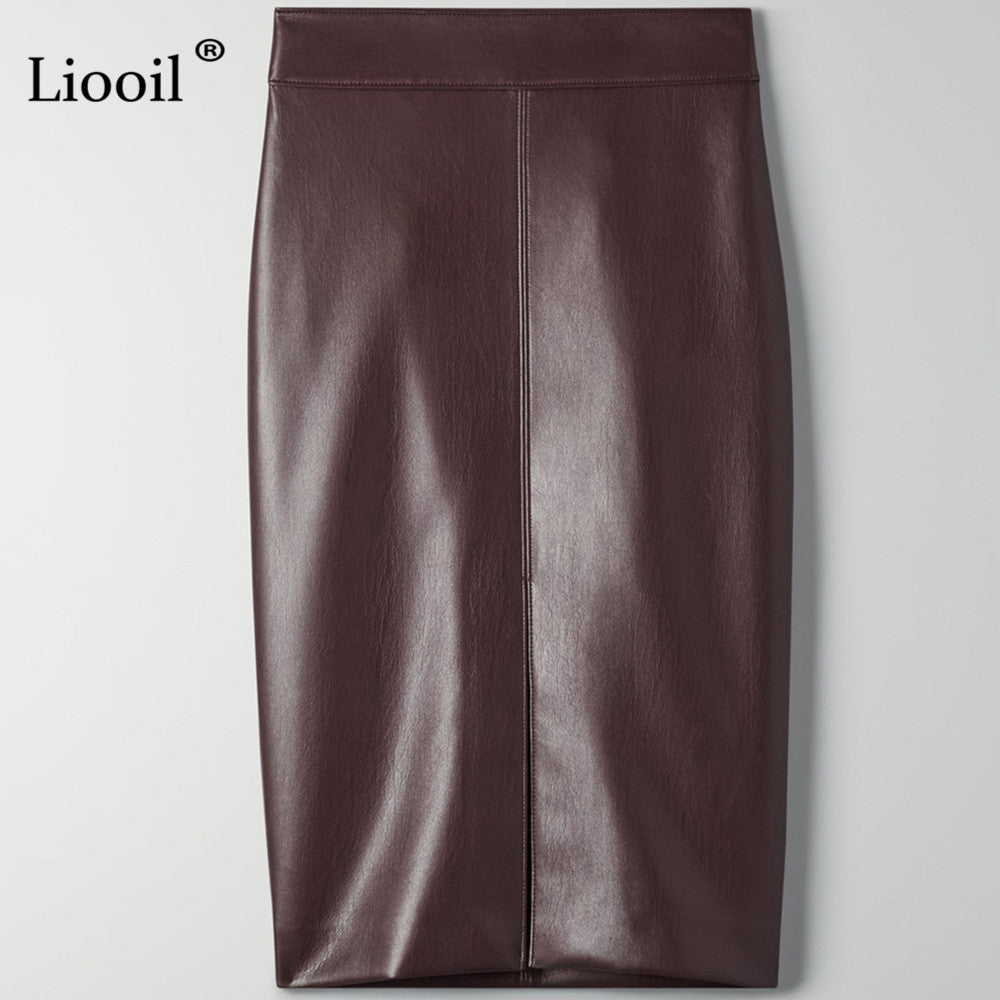 Faux Leather Slit Pencil Office Skirt Streetwear High Waist