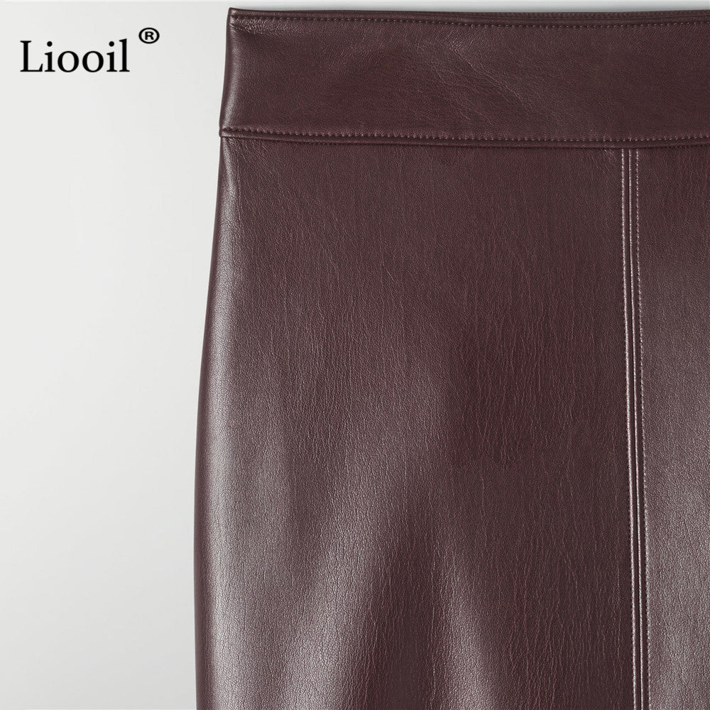 Faux Leather Slit Pencil Office Skirt Streetwear High Waist