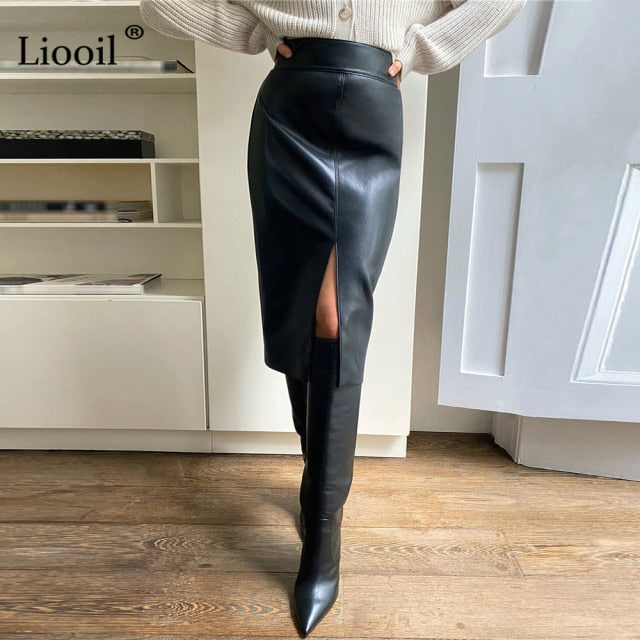 Faux Leather Slit Pencil Office Skirt Streetwear High Waist – lastrafashion
