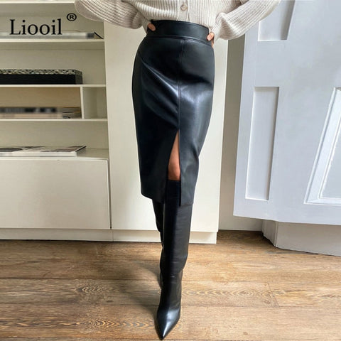 Faux Leather Slit Pencil Office Skirt Streetwear High Waist