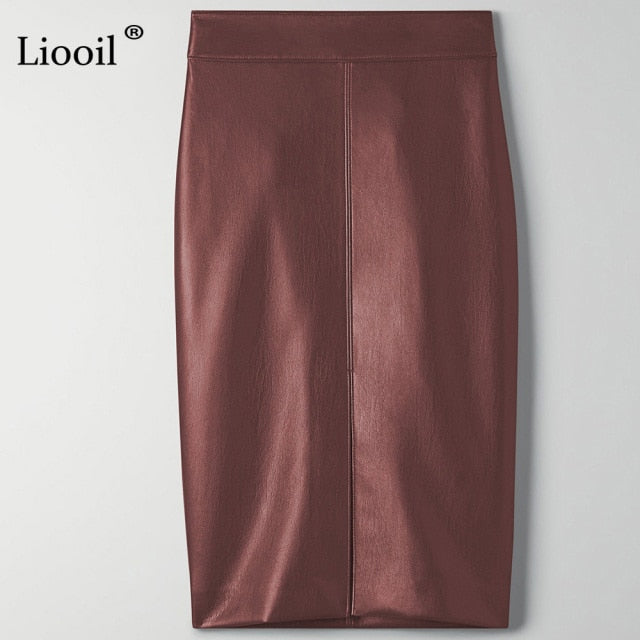 Faux Leather Slit Pencil Office Skirt Streetwear High Waist