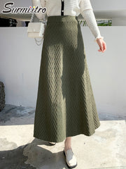 Knit Midi Long Skirt Style Green Stripes Mid-Length High Waist Skirt