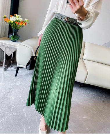 Fashion Diamond Beaded Satin Midi Long Pleated Skirt Women Style High Waist