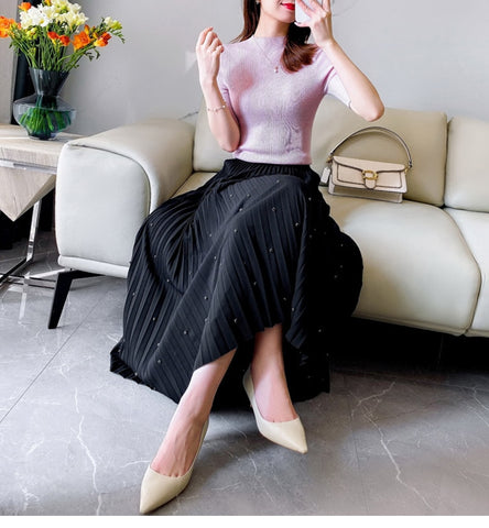 Fashion Diamond Beaded Satin Midi Long Pleated Skirt Women Style High Waist