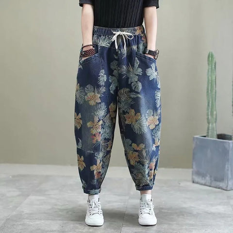 Vintage printing Harem Pants jeans Women Fashion Casual Loose Lace-up