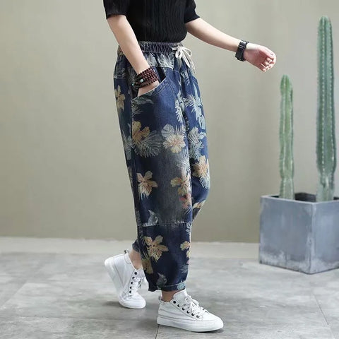 Vintage printing Harem Pants jeans Women Fashion Casual Loose Lace-up