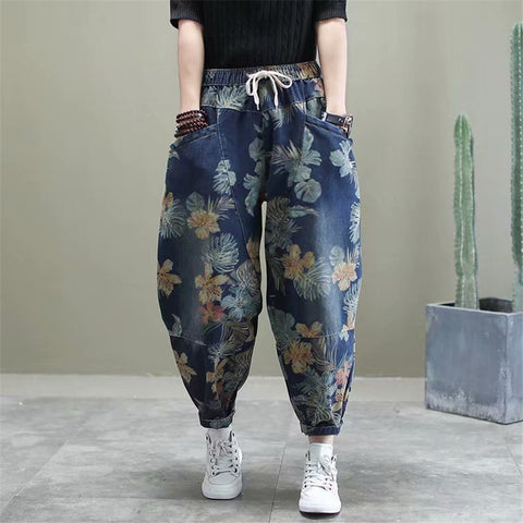 Vintage printing Harem Pants jeans Women Fashion Casual Loose Lace-up