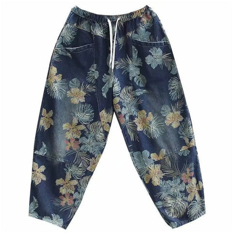 Vintage printing Harem Pants jeans Women Fashion Casual Loose Lace-up