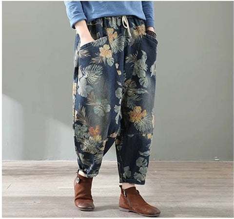 Vintage printing Harem Pants jeans Women Fashion Casual Loose Lace-up